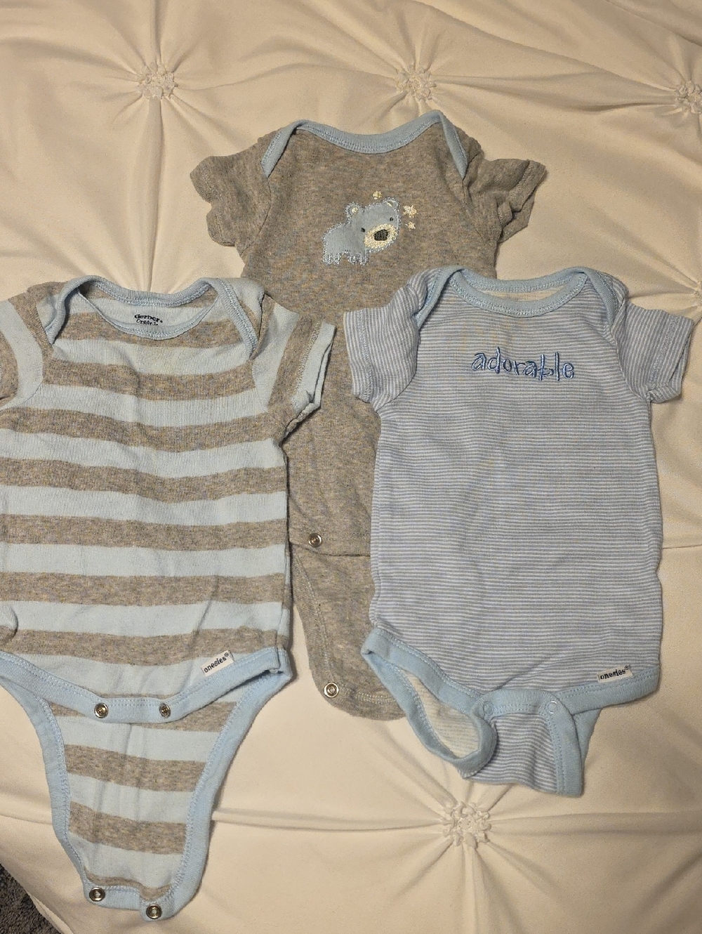 Gerber Blue & Gray Striped and Embroidered Baby One-Piece Bodysuit Set - 3 Pack